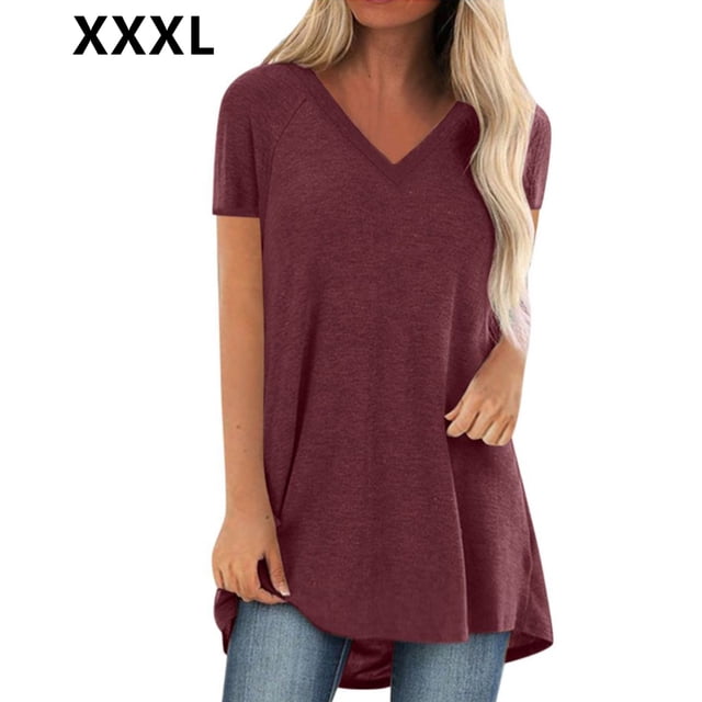 Camiseta casual con cuello en V superior para mujer, paño de verano suelto de lino de algodón, rojo vino, 3XL Scienceny AP001830-38