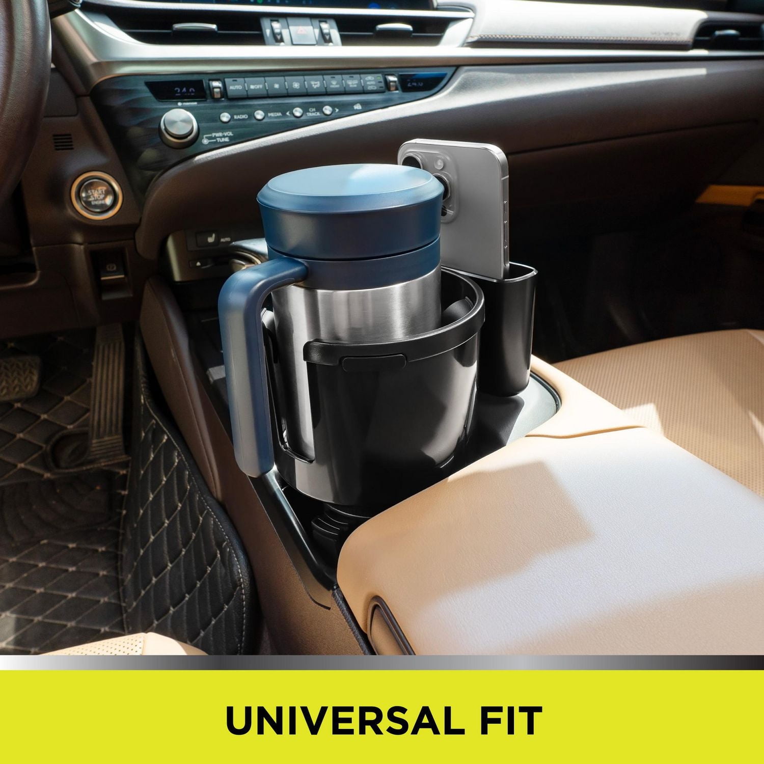 Auto Drive Cup Holder Fit Approx Diameter 4.3'' cups, with Phone Holder 1 Pack AD25C-15, 6.1'' * 6.34'', The cup holder with phone holder is universal fit on most car's console, the cup holder is in approx 4.25'' diameter, big enough to hold large water bottles and mugs, works with most popular brand of bottle which diameter up to 4.2", phone holder is universal fit for width less than 97mm.