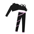 thumbnail image 4 of CHICTRY Kids Girls Sports Suit Solid Color Long Sleeves Crop Top Vest Metallic Striped Pants Athletic Outfit Set Gym Suit Black&Pink 12, 4 of 5