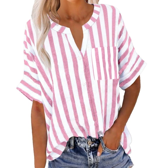 VEKDONE Striped Cotton Linen Shirt for Women Short Sleeve Notch V Neck Blouses Summer Loose Fit Lightweight Lounge Tunic Tops with Pockets Hot Pink XL