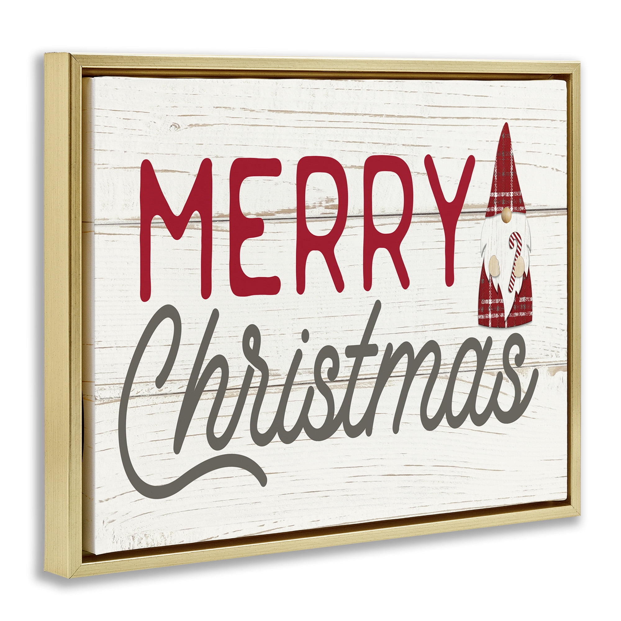 Stupell Industries Merry Christmas Sentiments Gnome Holiday Painting Gold Floater Framed Canvas Art Print Wall Art, 21 x 17