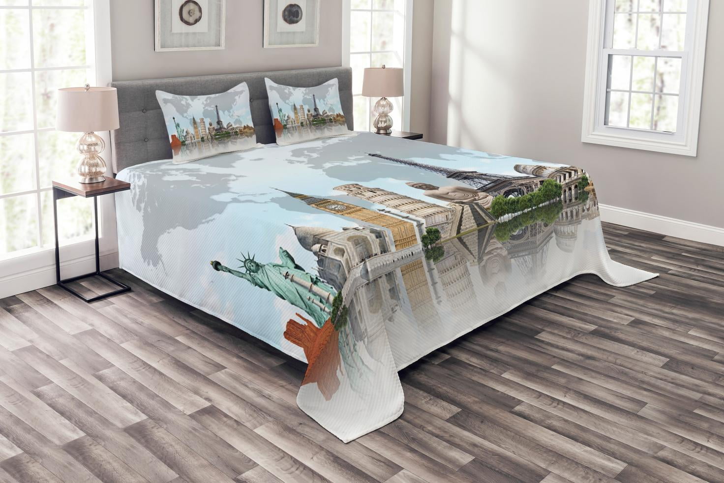 World Map Bedspread Set Queen Size, Wonders of the World Themed Tourist