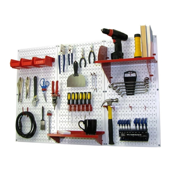 4ft Metal Pegboard Standard Tool Storage Kit - White Toolboard & Red Accessories
