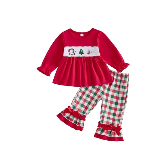 RUINIXCW Toddler Baby Girl Christmas Outfit Long Sleeve Tops and Plaid Pants 2Pcs