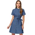 thumbnail image 1 of Vestido camisero de mezclilla de manga corta con botones y cinturón para mujer Azul XS, 1 of 5