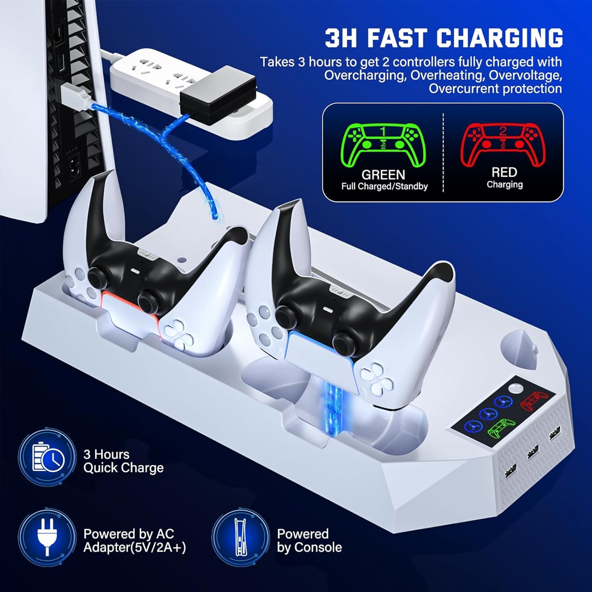 Cooling Stand Controller Charger with Headset Holder, 3 USB Hub for PS5, PS5 Slim, White