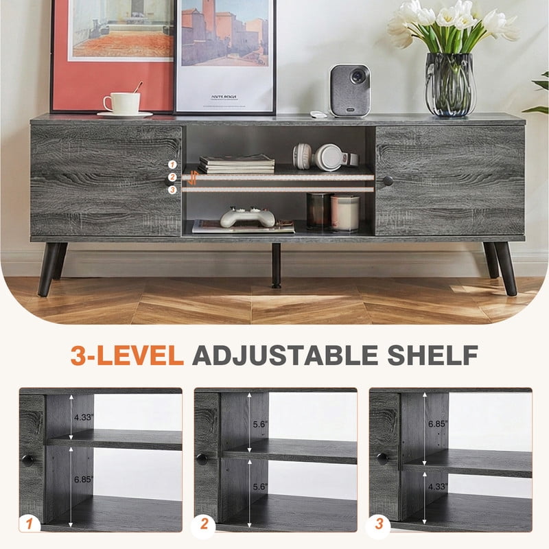 GIANNA Mid-Century Modern Wooden TV Stand for 55-60” TVs, 2 Storage Cabinets, Adjustable Shelf, Cable Management, Sturdy Legs, Easy Assembly, Wood Gray