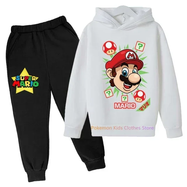 Sudadera con capucha de Super Mario bros para niños, traje de pantalones, abrigo informal para niños y niñas, sudadera de algodón de manga larga de Pokémon, ropa deportiva para niños