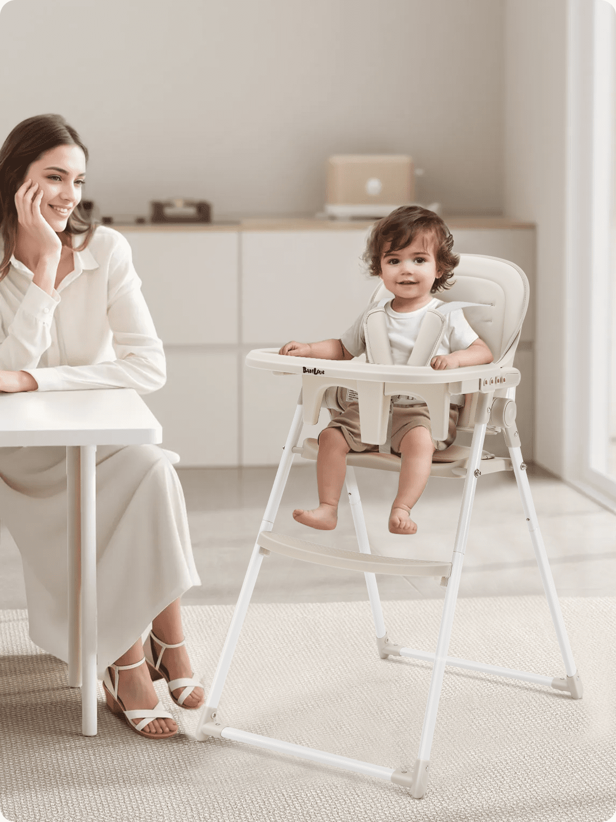 Babilous Foldable High Chair for Babies and Toddlers – Portable, Convertible High Chairs with Adjustable Tray, 5-Point Harness, and Easy-to-Clean Design, Beige