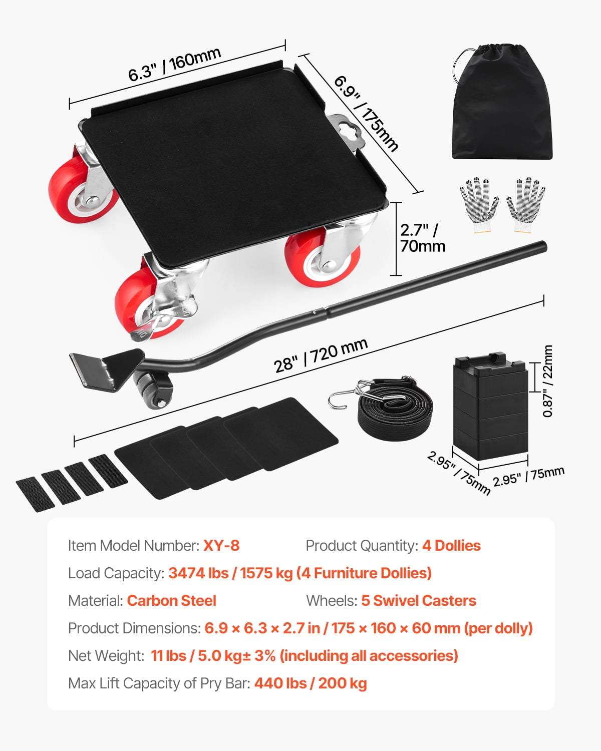 VEVOR Furniture Dolly, Maximum Load 3474 lbs, Heavy Duty Furniture Movers with 5 360° Rotation Wheels, Carbon Steel Panel, Furniture Lift Slider Tool Set for Appliances,Sofa,Fridge,Washing Machine