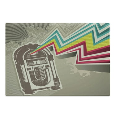 Jukebox Cutting Board, Antique Vintage Retro Radio Party with Colorful Zig Zag Design Image, Decorative Tempered Glass Cutting and Serving Board, Large Size, Pale Grey and White, by Ambesonne