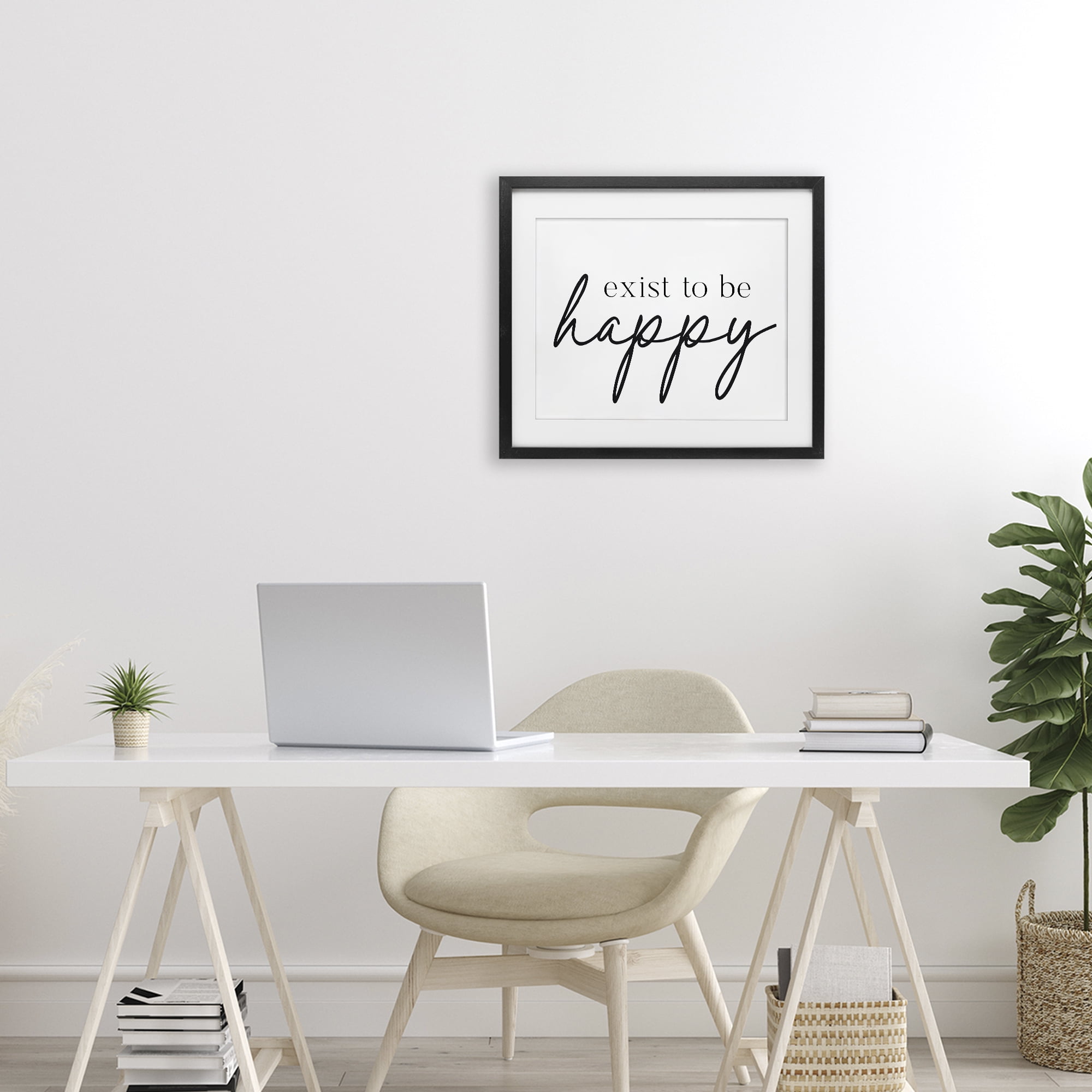 Exist To Be Happy Black Framed Print Under Glass, design by Lettered and Lined