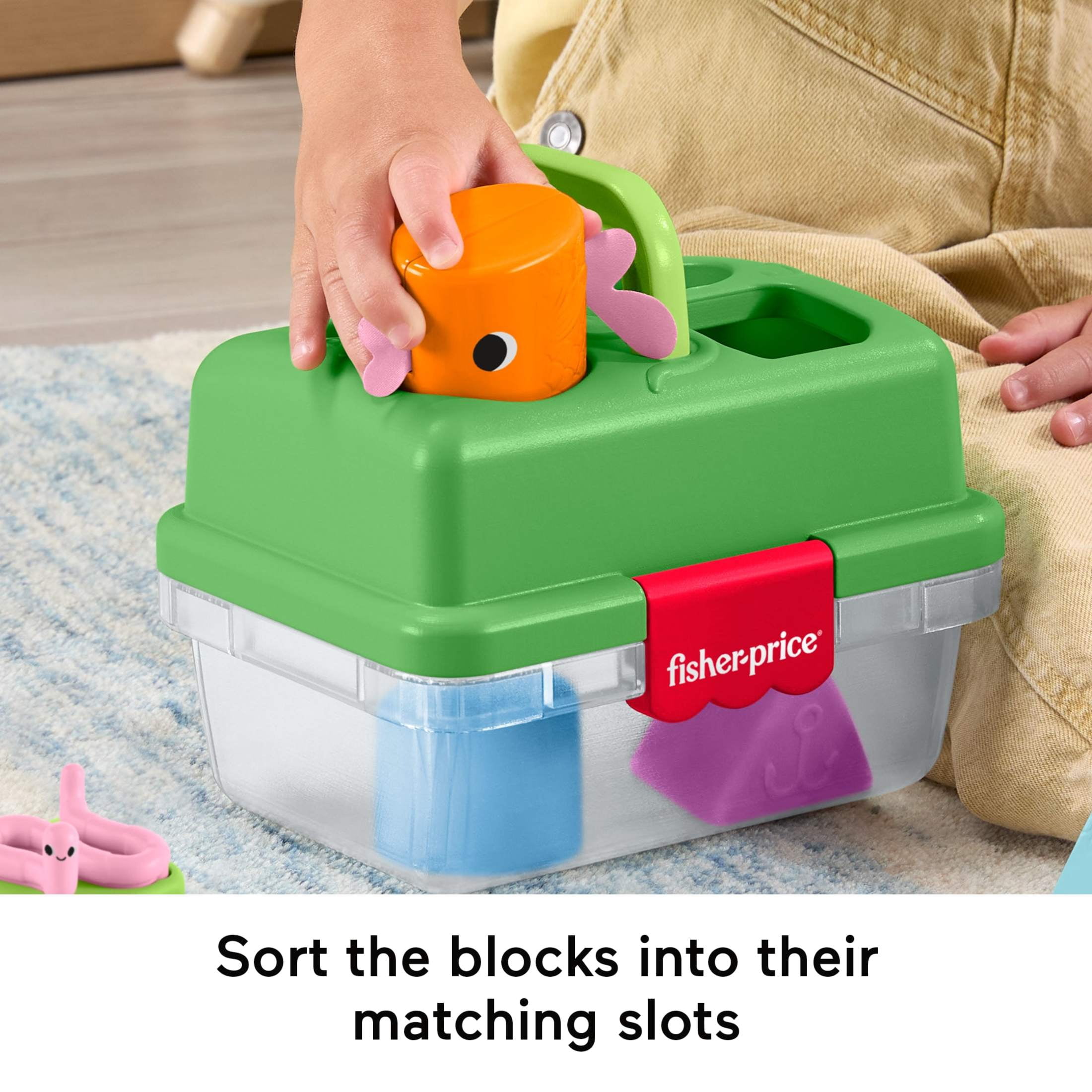 Fisher-Price Friendship Forest Sort & Store Tackle Box Baby Toy with 6 Shape Blocks & Fishing Net