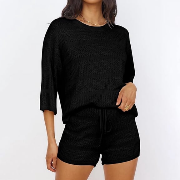 LYMAYTER Women's Knit Two-Piece Half Sleeve Top & Shorts Swimsuit Coverup Hollow Out Beach Outfits