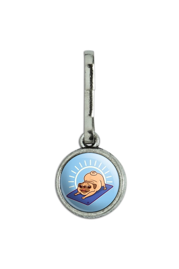 Downward Facing Dog Pug Doing Yoga Antiqued Charm Clothes Purse Suitcase Backpack Zipper Pull Aid