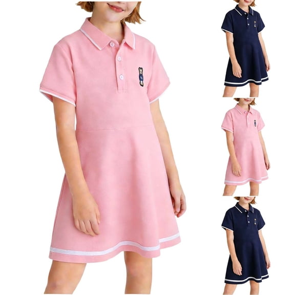 Eltusu Girls Cotton Dresses, Short Sleeve Collared A-Line Button School Uniform Dress Pink Size 8 T