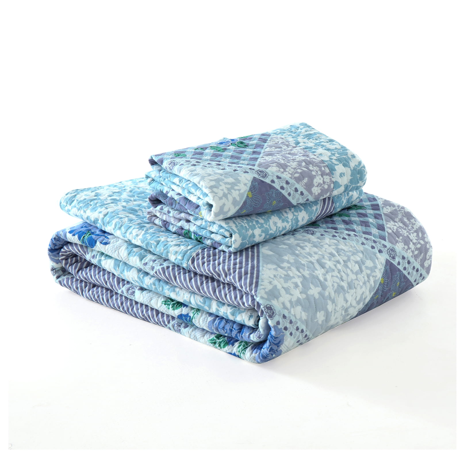 PANGUSHAN 100% Cotton 128"x120" Oversized California King Bedspread Coverlet Quilt Set, Cal King Quilted Bedspread Extra Large Wide Quilt, Floral XL Bed Spread Lightweight Comforter, 3pc, Blue/Violet