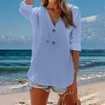 thumbnail image 2 of YWIYIUD Women Cotton Linen Lightweight Hooded Shirt Drawstring Button Down Blouses for Women Dressy Casual Short Sleeve V Neck Cardigan Summer Clothes Oversize Casual Blouses, 2 of 7