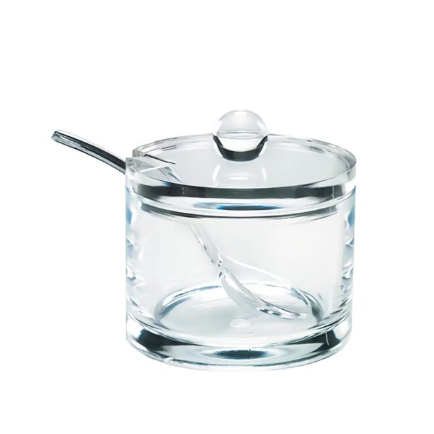 J&M DESIGN Azucarero de acrílico transparente con tapa y cuchara para accesorios de barra de café, tazones de cereales, té, cocina, recipientes para encimera y hornear, contenedor de 8 oz, soporte dis