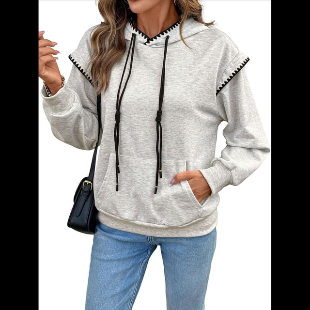 Sudadera con Capucha de Dos Piezas para Mujer, Informal, Versátil, de Larga, para Uso Diario, con Ribete de Color Contrastante Gris L
