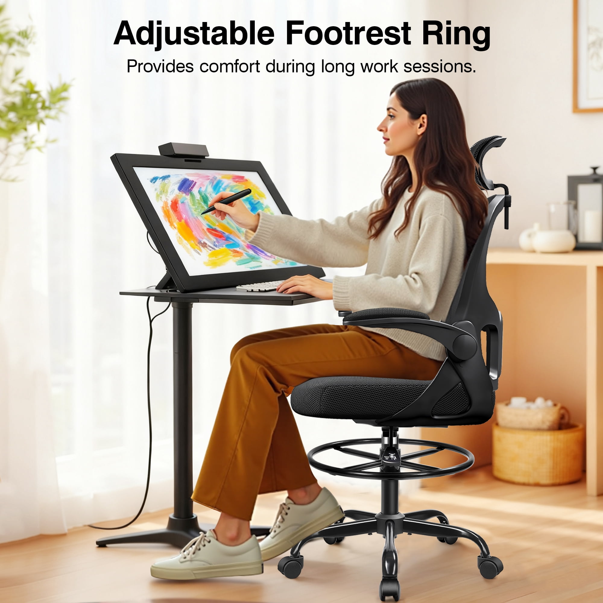 ATHOPE Office Chair Ergonomic Desk Chairs, Mesh Computer Chair with Headrest and Flip-up Arms, Adjustable Home Office Desk Chair with Lumbar Support Footrest Ring for Standing Desk, Black