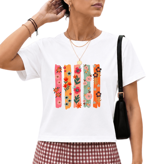 Giffimy Women's White Colorful Brushstroke Stripes Wildflower Graphic Short Sleeve Crop T-Shirt XS-XL Crewneck Top