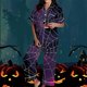 thumbnail image 1 of Pijama de manga corta con cuello vuelto para mujer, con bolsillos y estampado de Halloween, cintura elástica, de poliéster, 1 of 5