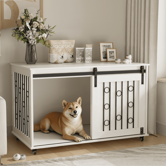 YIYADO Dog Kennel Furniture, 39.37 Inch Modern Wooden Dog Cage Furniture, Double Door Design, Indoor Dog Kennel End Table with Metal Bars and Lockable Wheels Pet Cage