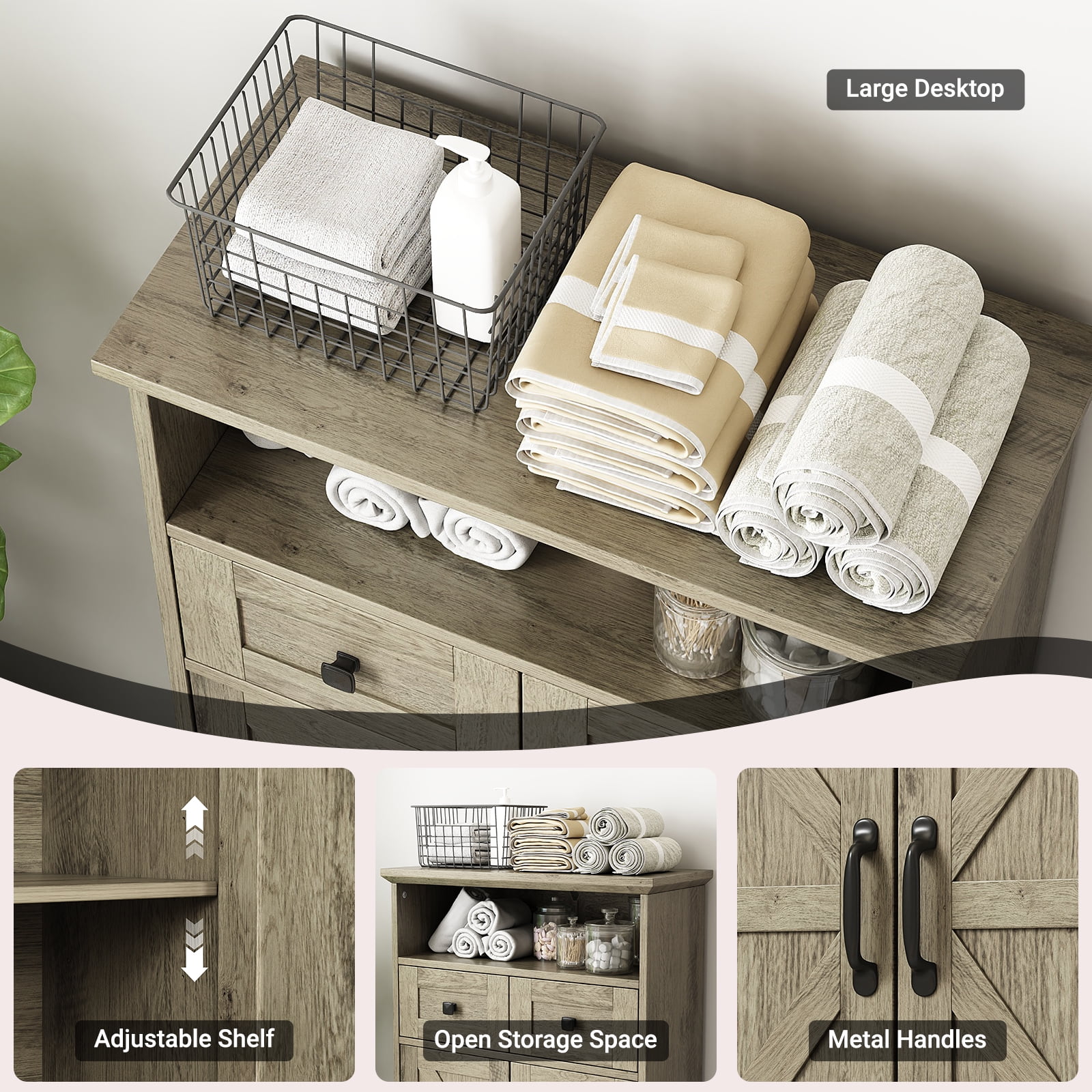 Farmhouse Bathroom Storage Cabinet, Freestanding Bathroom Floor Cabinet with Doors and Drawers, 41.3" H Bathroom Organizer with Adjustable Shelf, Gray