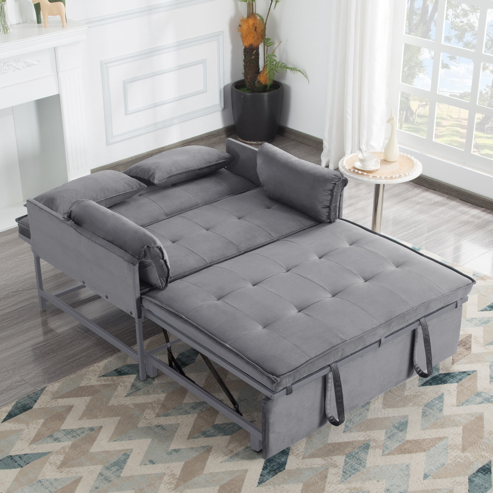 BSHTI 46" Velvet Pull-Out Sleeper Sofa Bed with Adjustable Back, 2 Pillows, Metal Frame for Living Room/Bedroom（Grey）