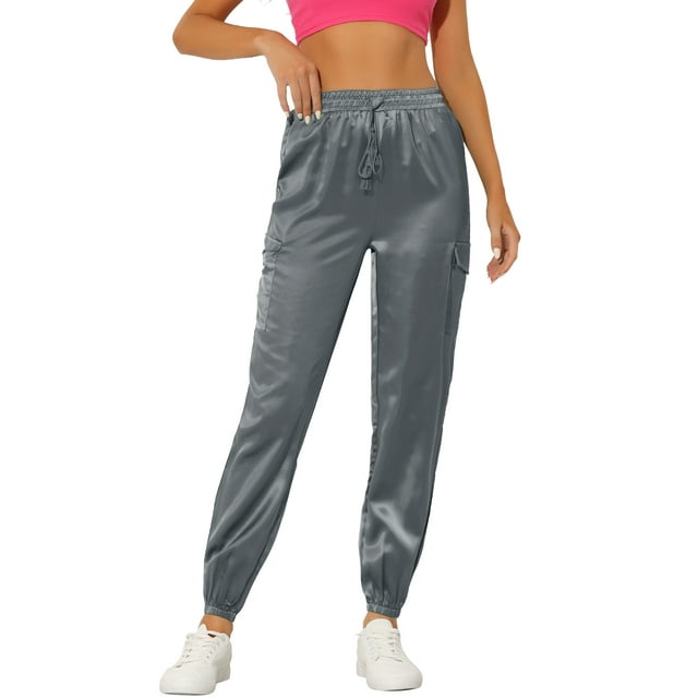 INSPIRE CHIC Women's Satin Cargo Joggers High Waisted Elastic Waist Casual Pants M Grey