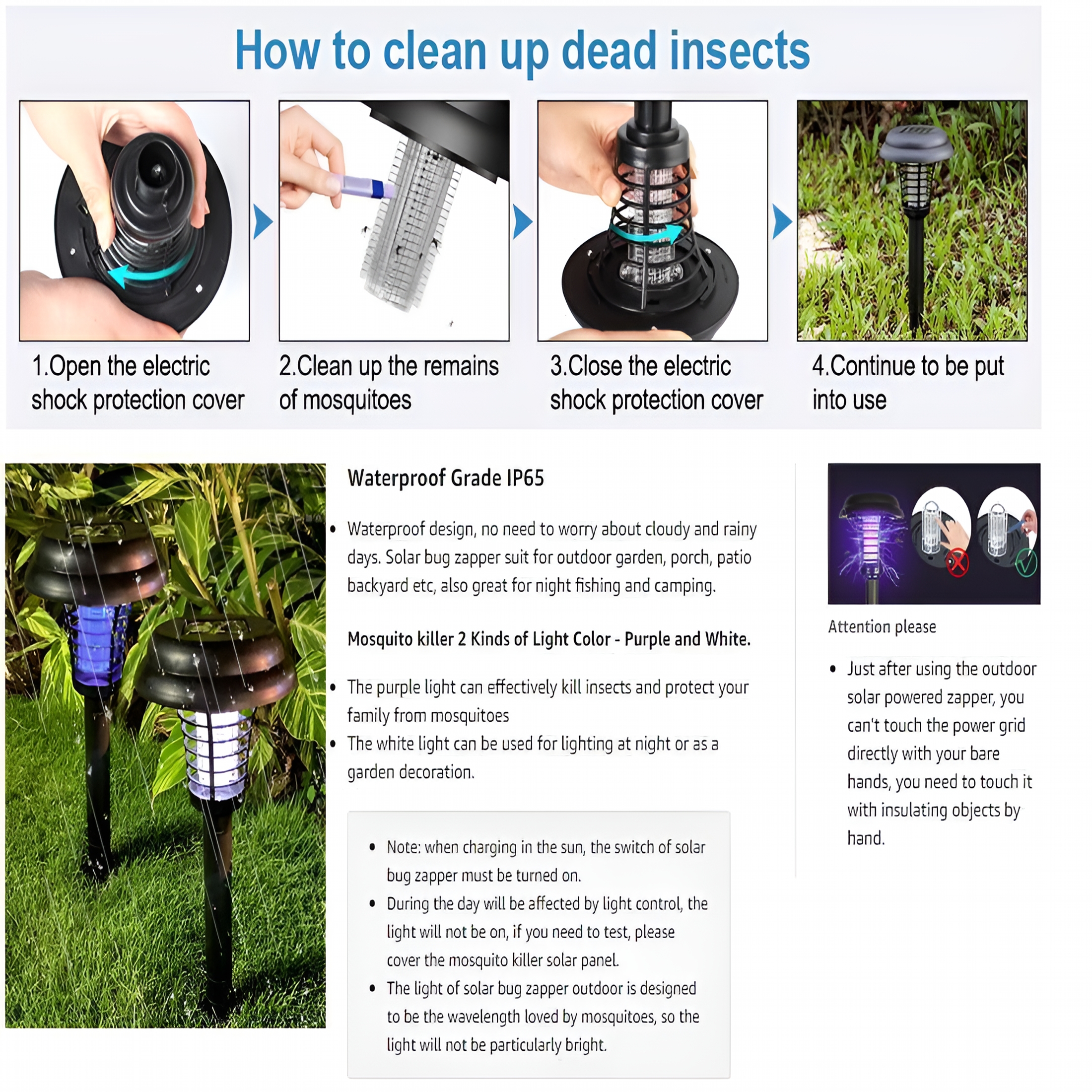 HIBIBUD 4PCS Solar Powered Zapper Lamp Light Outdoor Mosquito Fly Bug Insect Killer Trap Garden for Home Daily Life
