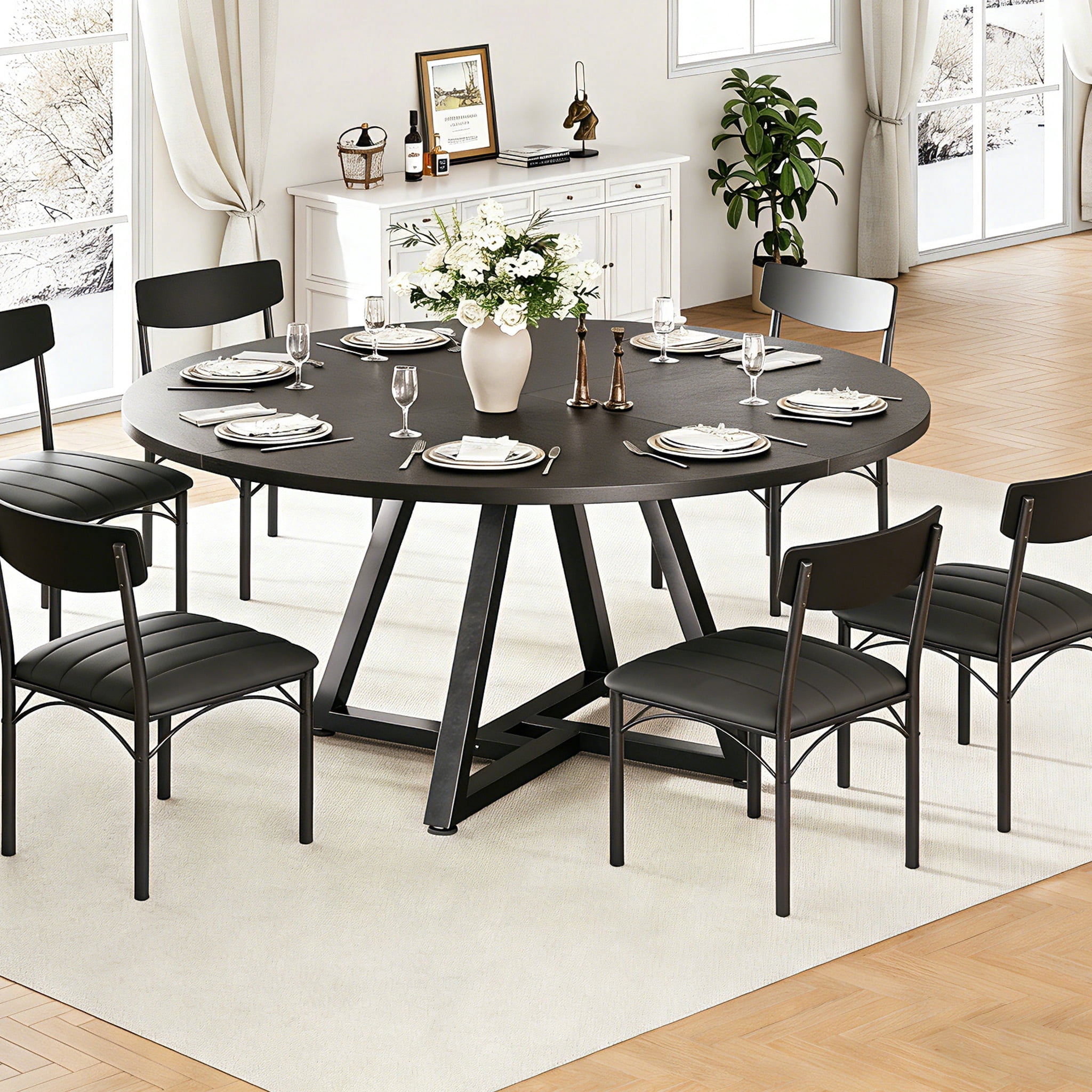 Anyact 51in Round Dining Table for 6-8 Persons, Circle Dinner Table Pedestal Metal Frame, Kitcen Table Sturdy Wood Kitchen & Dining Room Furniture, Black(Only table)