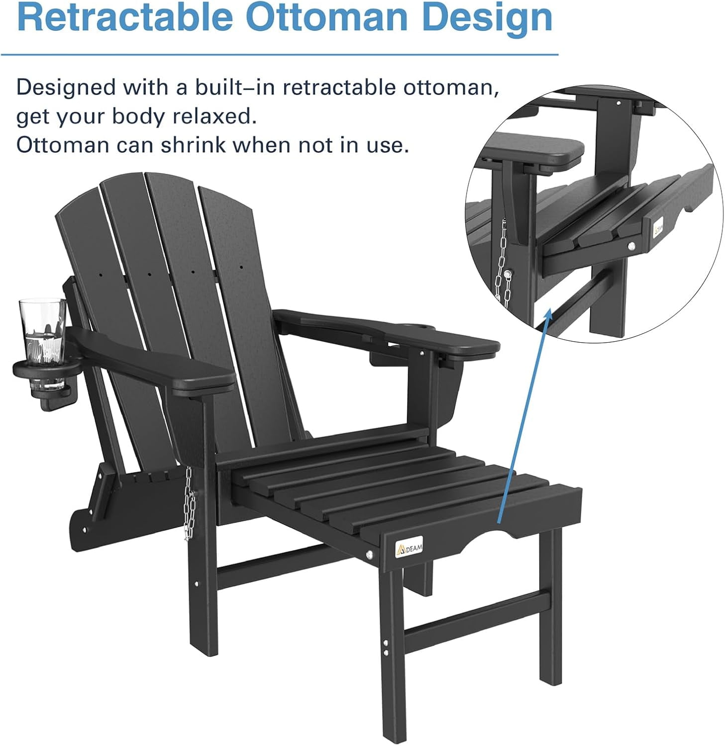 Erinnyees 3-Level Adjustable Adirondack Chair with Retractable Ottoman, HDPE All-Weather Folding Fire Pit Chair with 2 Cup Holders, Outdoor Chair for Deck Patio Garden Backyard Lawn