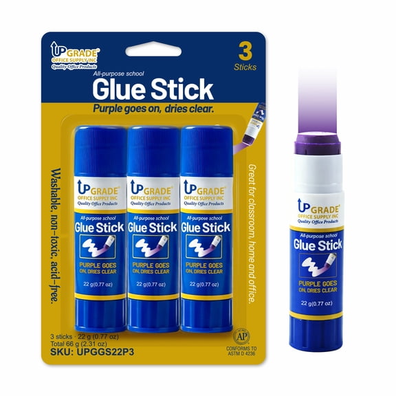 Upgrade Office Supply Acid-Free All Purpose School Glue Sticks, 22g, 3 Count, Purple Goes On Dries Clear, Washable, Non-Toxic