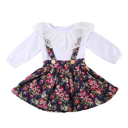 

Pudcoco Baby Girl Dress Set Round Neck Flower Print Blouse Adjustable Straps Skirt Suit