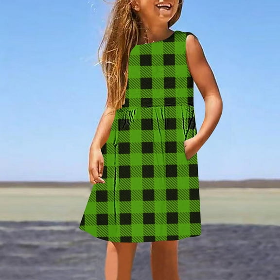 Sleeveless Dresses for Teens Girls with Pockets Size 3-14 Tweens Juniors Cute Plaid Printed Crewneck Comfort Pullover Vacation Midi Dress