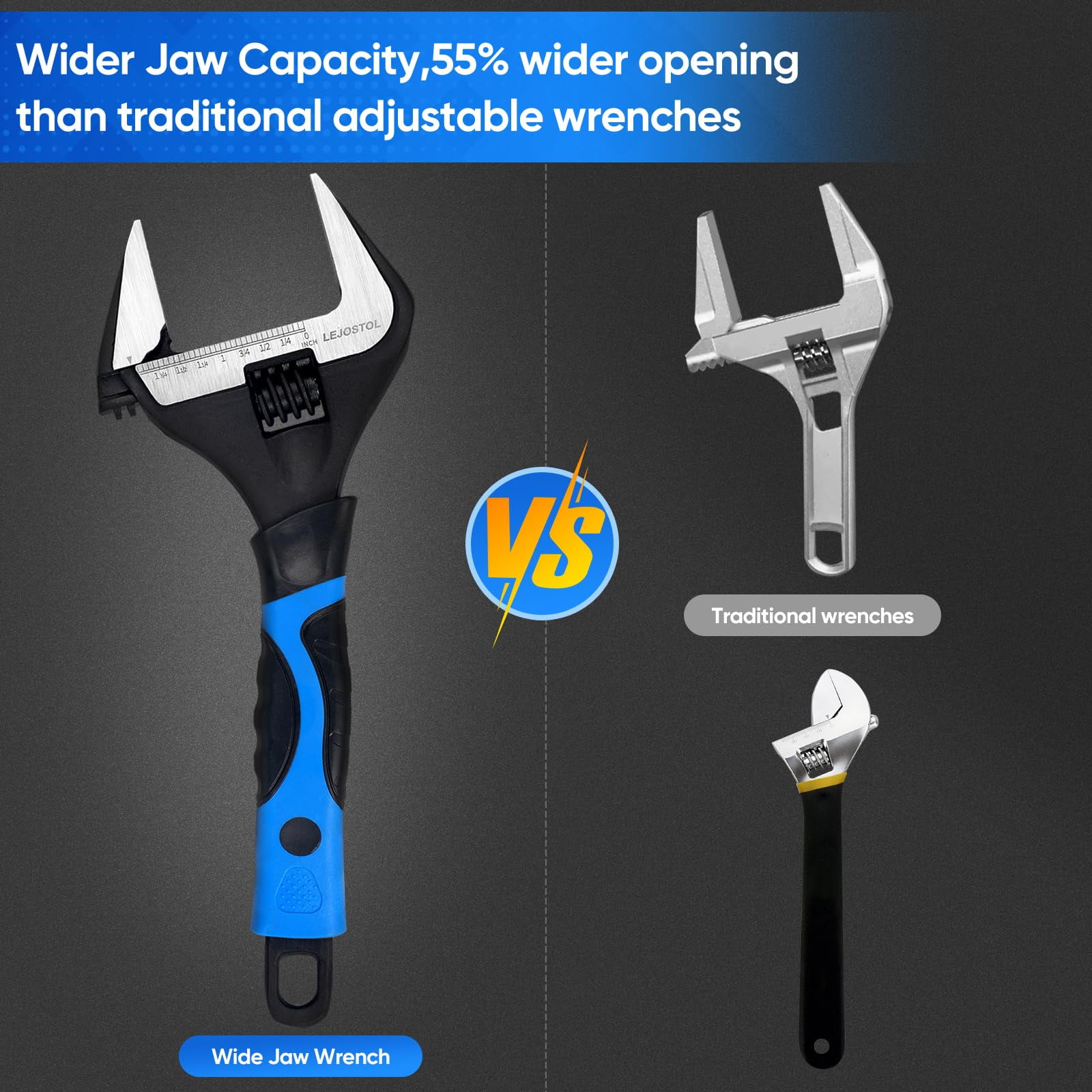2 Pcs Wide Opening Adjustable Wrench Set, 6 Inch & 10 Inch Deep Jaw Wrenches, for Home, Garage, and Workshop DIY