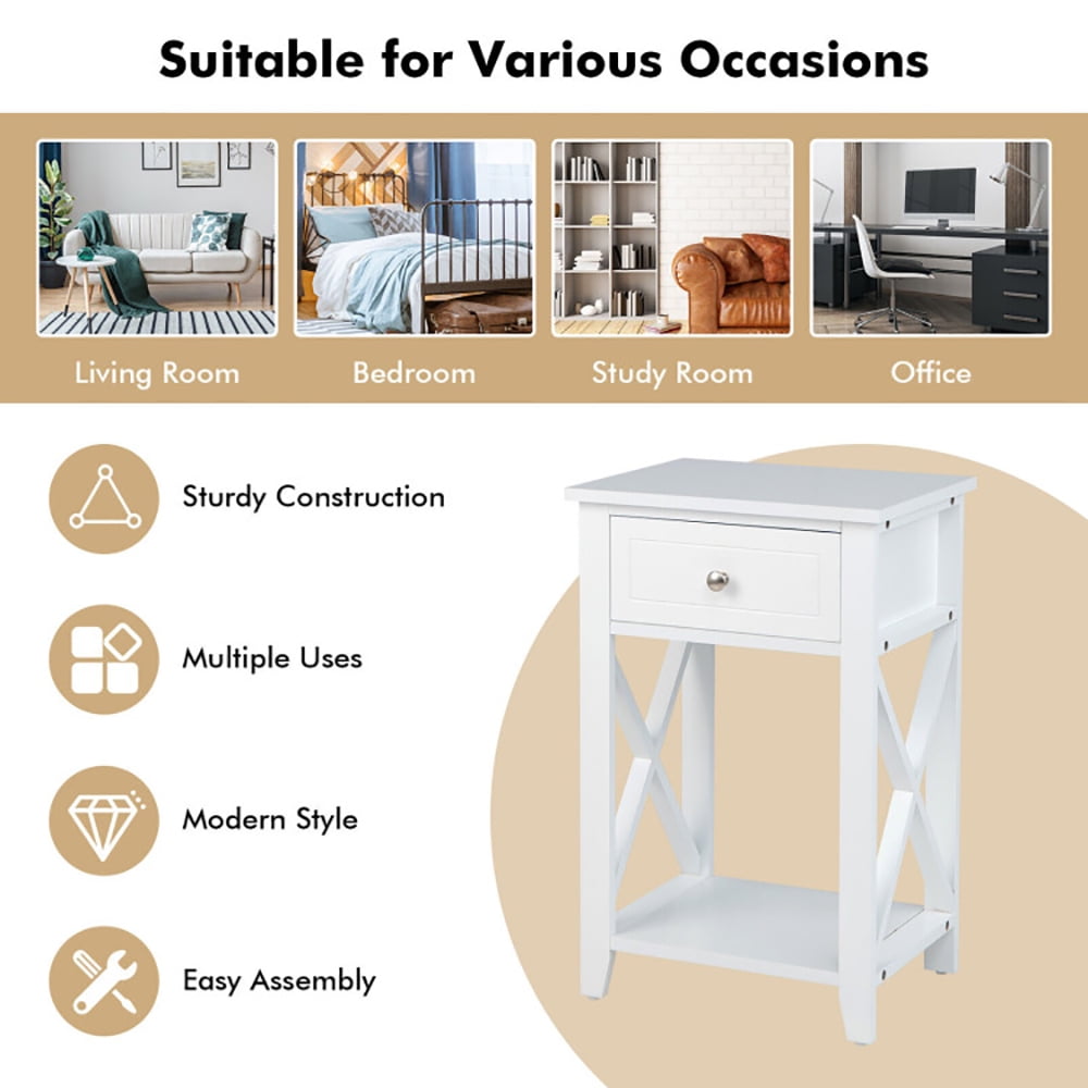 Finihen End Table, Storage End Bedside Drawer Nightstand w/ Bottom Shelf, Sofa Side Table, Bed Side Table, for Living Room, Bedroom, White Finihen End Table, Storage End Bedside Drawer Nightstand w/ Bottom Shelf, Sofa Side Table, Bed Side Table, for Living Room, Bedroom, White