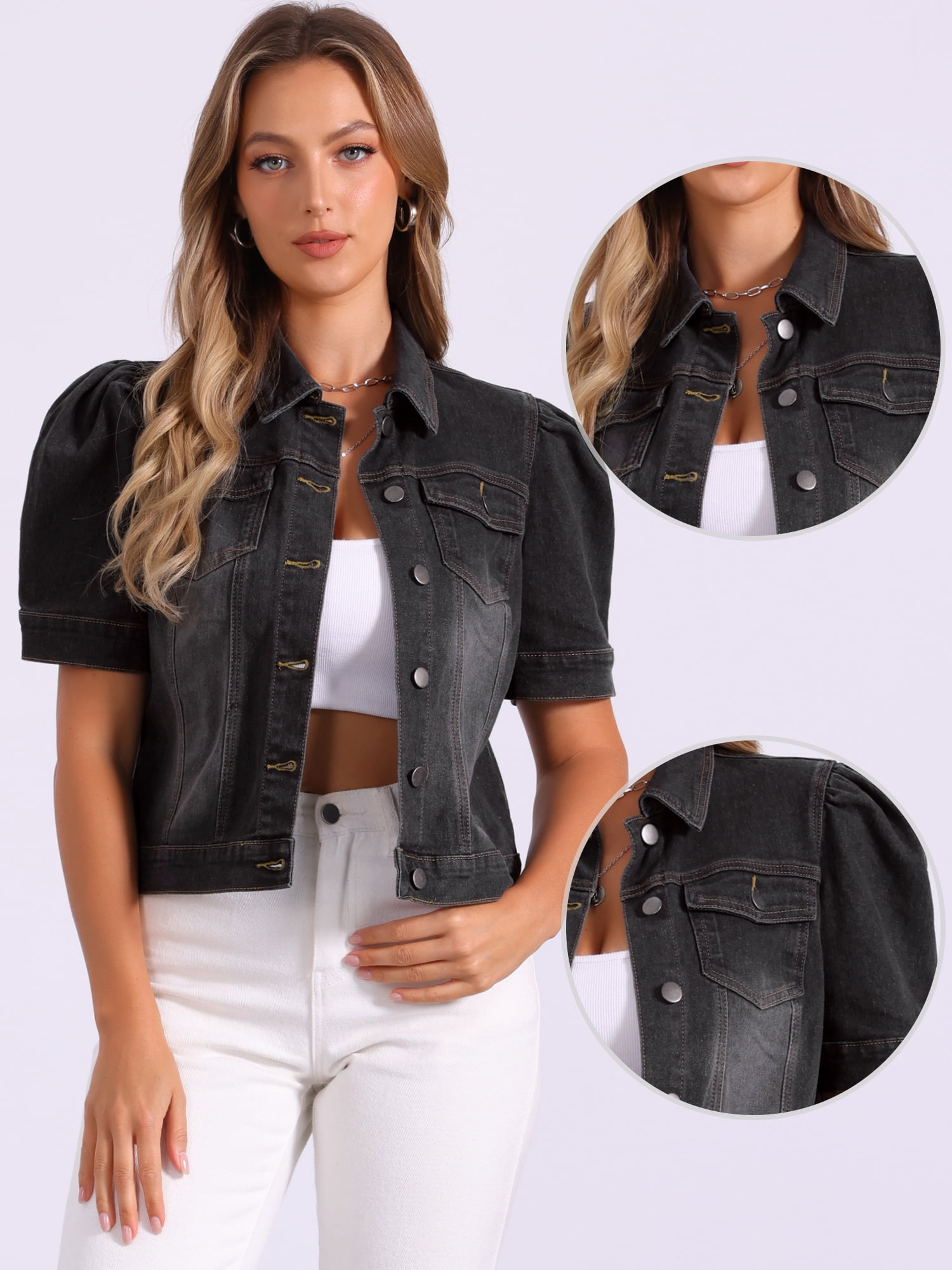 DARING DIVA Women's Short Puff Sleeves Button-Down Denim Jacket XS Black