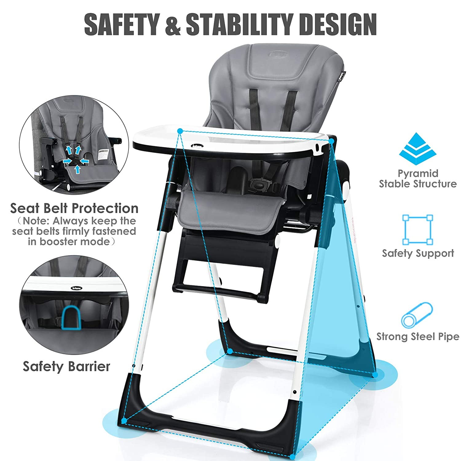 INFANS 4 in 1 High Chair–Booster Seat, Convertible Highchair w/Adjustable Height, Removable Tray, Detachable Cushion, Installation-Free, Simple Fold for Baby, Infant & Toddler, Gray
