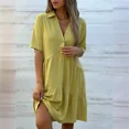 thumbnail image 2 of Vestido de lino y algodón para mujer, prenda informal de manga corta y cintura alta con botones y solapa, Color liso, Verano, 2 of 4