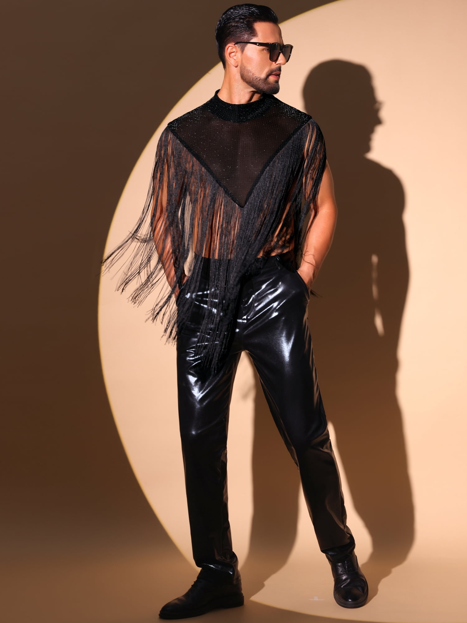 DARING DIVA Men's Mock Collar Sleeveless Patchwork Sequins Fringe Vest L Black