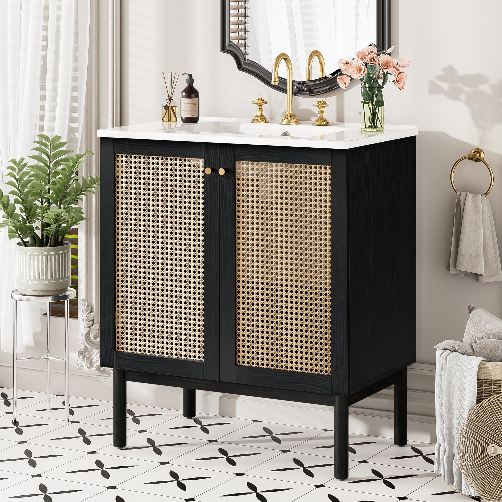 Euroco 30-inch bathroom vanity crafted from natural materials, featuring handmade rattan doors and soft-closing mechanisms