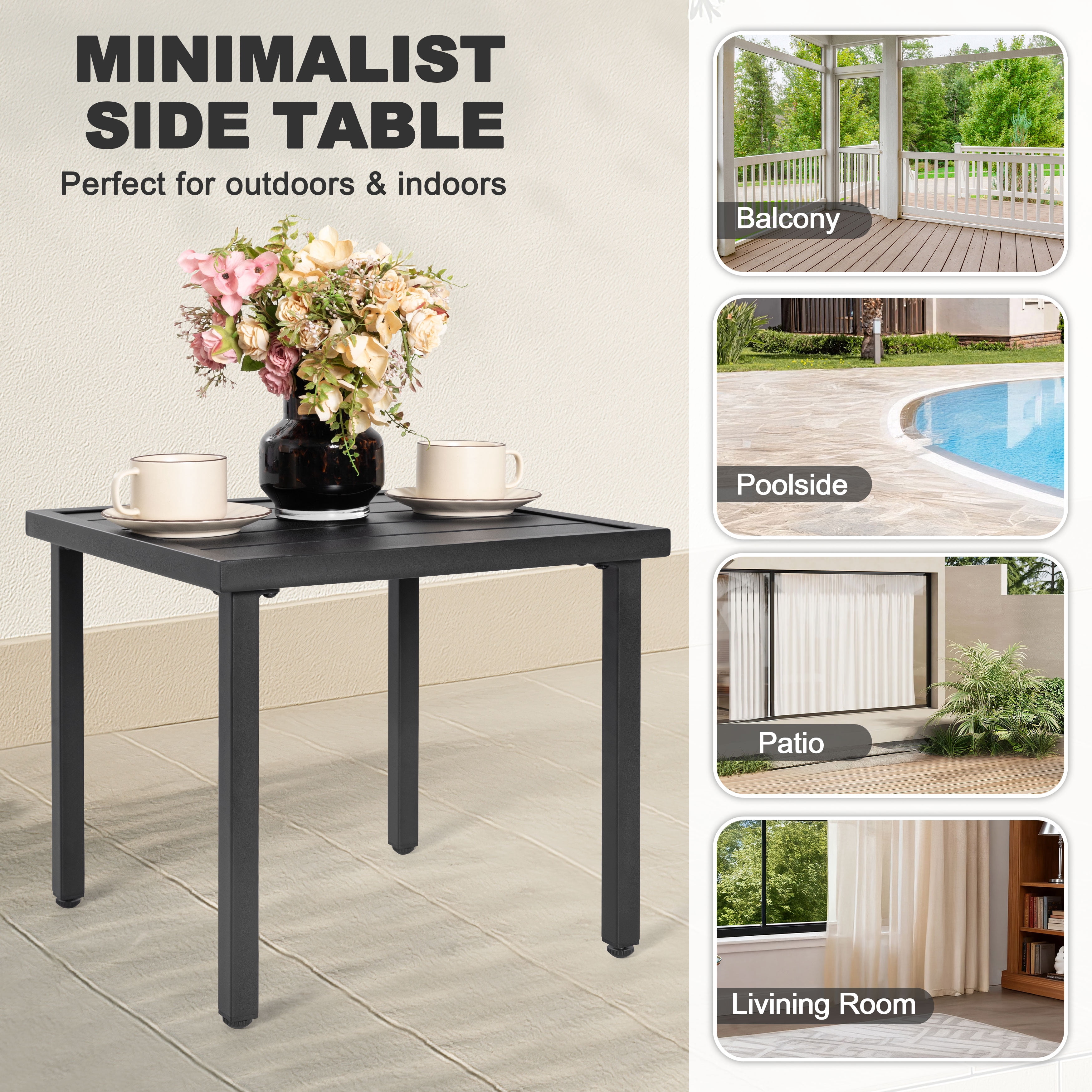 Nuu Garden Square Metal Outdoor Side Table, Patio Bistro Table, Outdoor Square End Table, Black