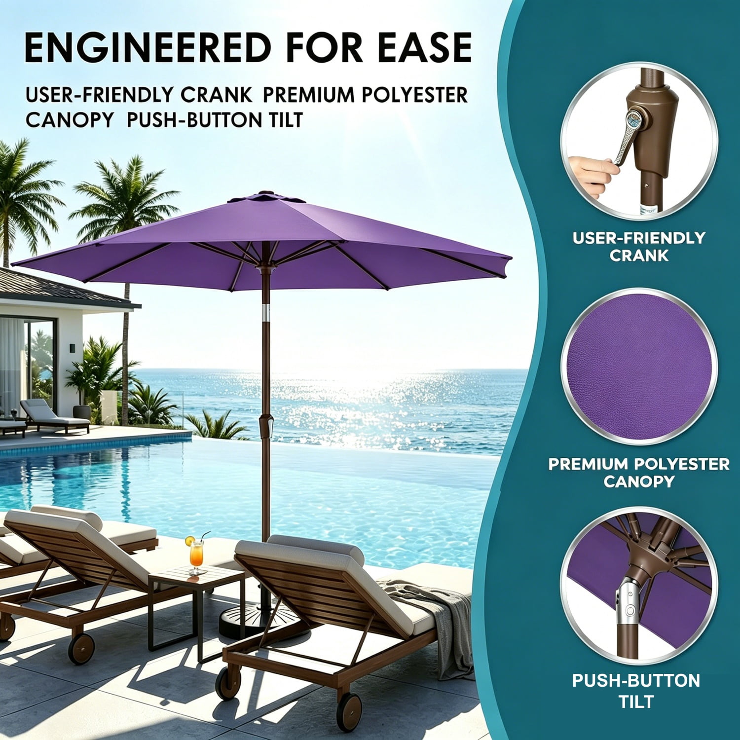 Pipopa 9FT Outdoor Patio Umbrella with Push Button Tiltand Crank, Ourdoor Market Leisure Umbrella for Beach, Garden, Yard, Home, Pool, Purple