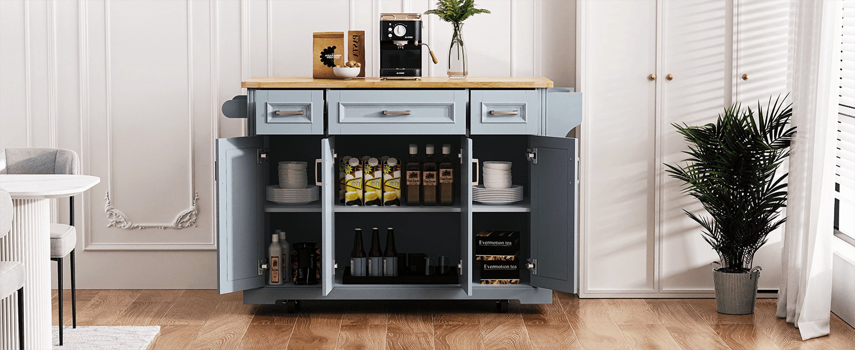 Kitchen Island with Drop Leaf, 54" Embossed Texture Rolling Cart with 4 Cabinets & 3 Drawers, Large Storage Island on Wheels for Kitchen