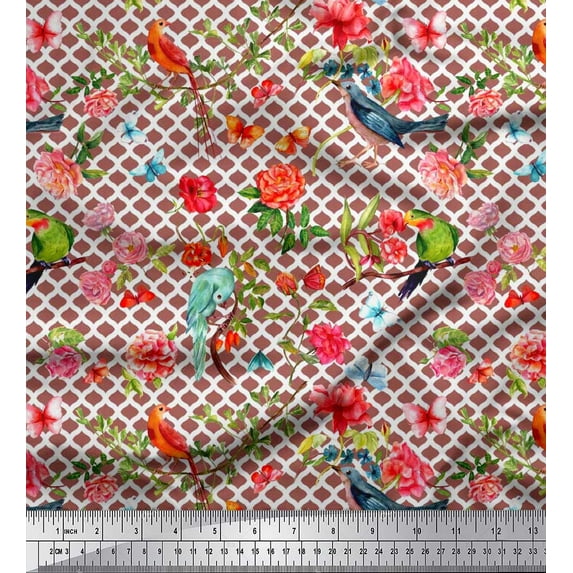 Soimoi Cotton Poplin Fabric Ogee Damask,Birds & Camellia Floral Print Fabric by The Yard 42 Inch Wide