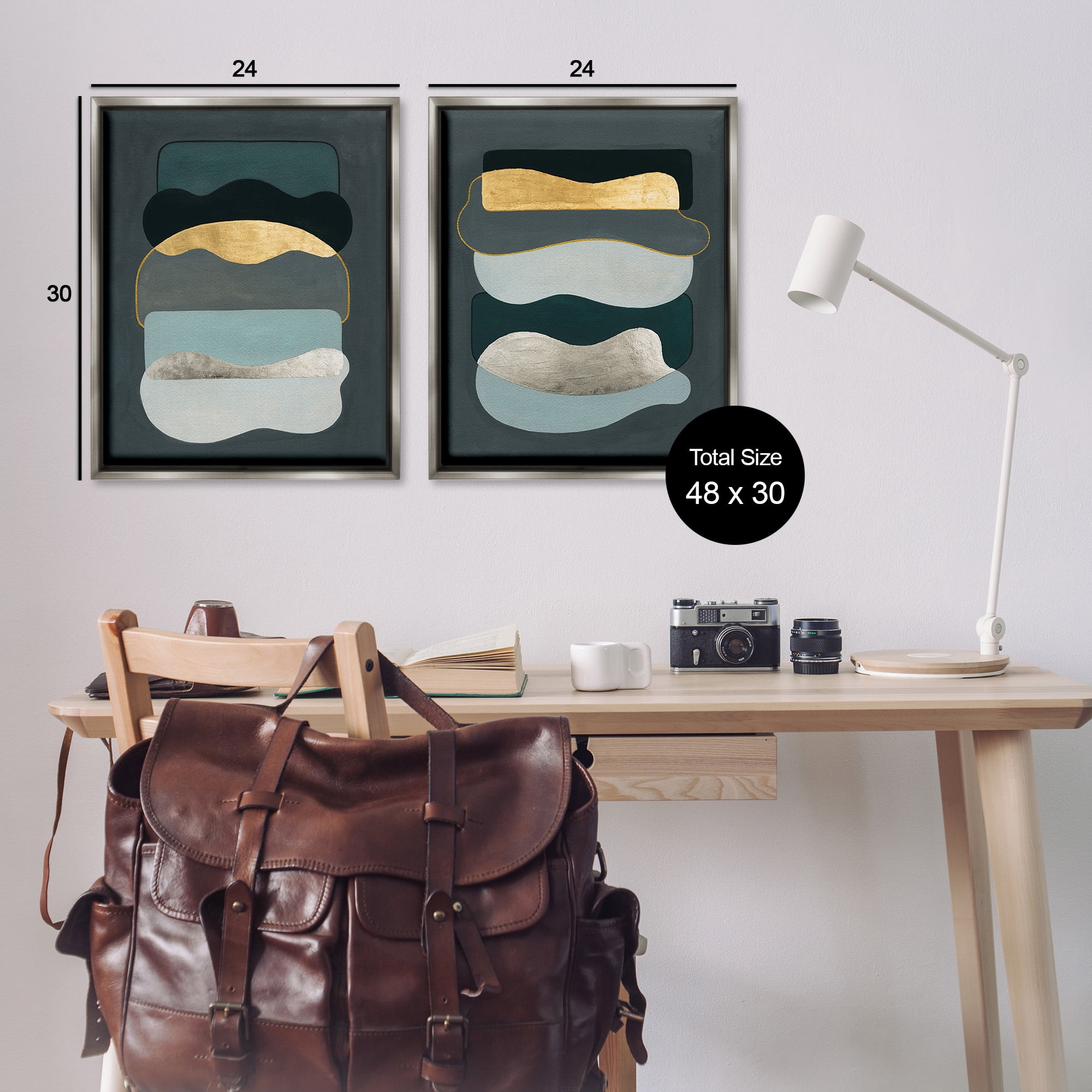 Stupell Industries Shapes with Glam Details Abstract Painting Gray Floater Framed Canvas Art Print Wall Art, 25 x 31, Set of 2