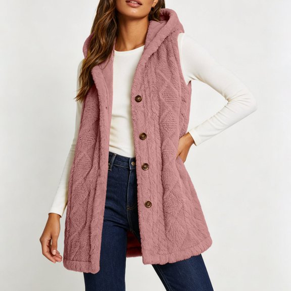 Neewe Women's Fall Casual Fleece Long Vests Hooded Sleeveless,Loose Fit Pockets,Button Down Jacket,Fall Coat,Casual Going Out Outfits,Fashion Clothing